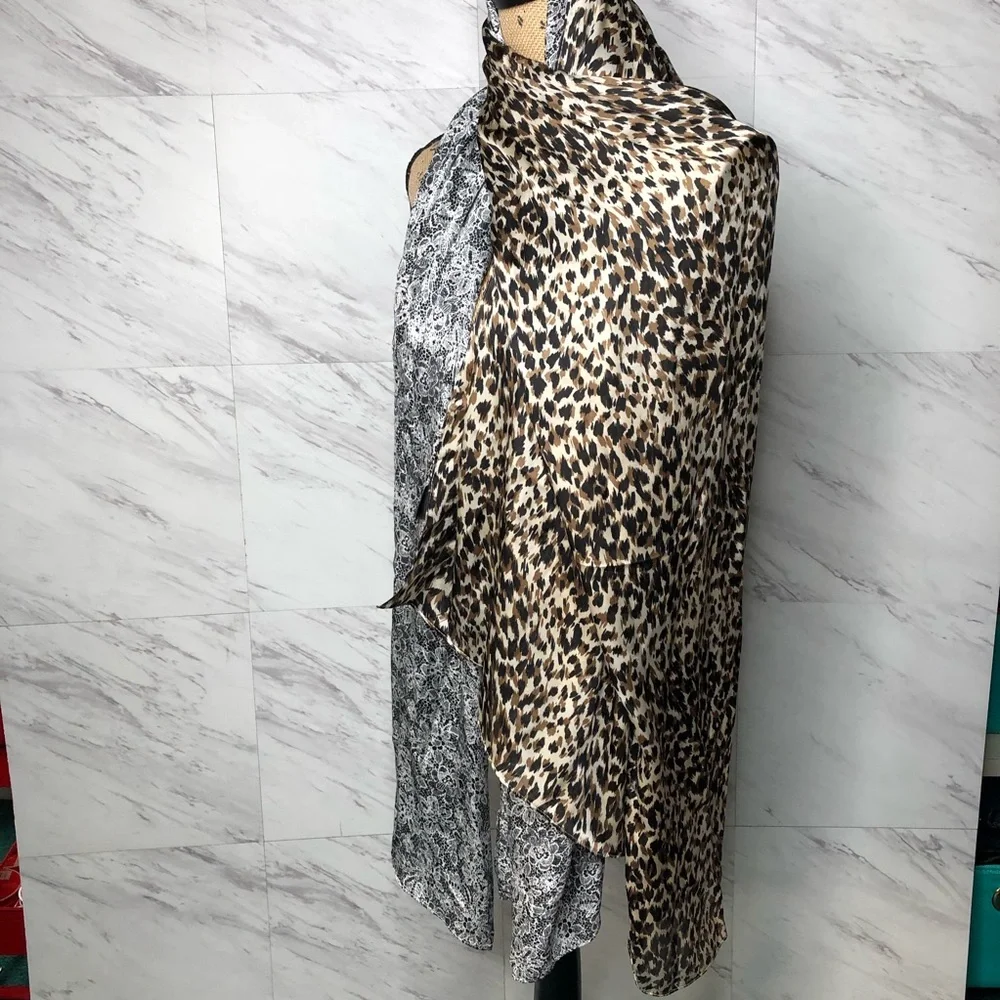 Bundle of Two Printed Wrap Scarves 1 Leopard & 1 Floral Lace Polyester 17.5”x70”